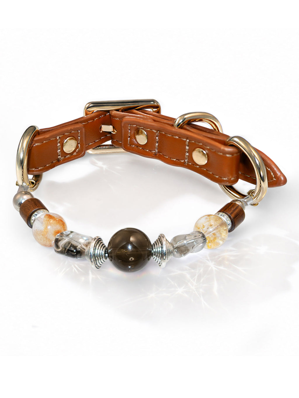 SoulBond Vintage Crystal Cat Collar with a brown strap, smoky brown and pale yellow beads and gold-tone hardware