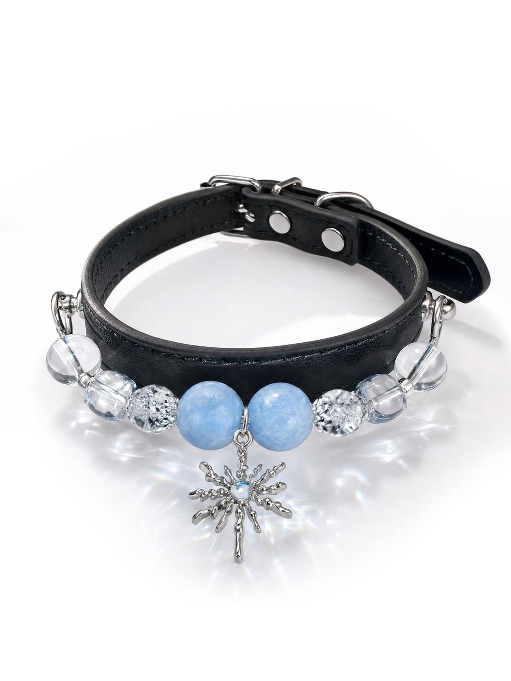 SoulBond Elegant Princess Crystal Pet Collar with a black strap, blue and clear beads and a silver-tone starburst charm