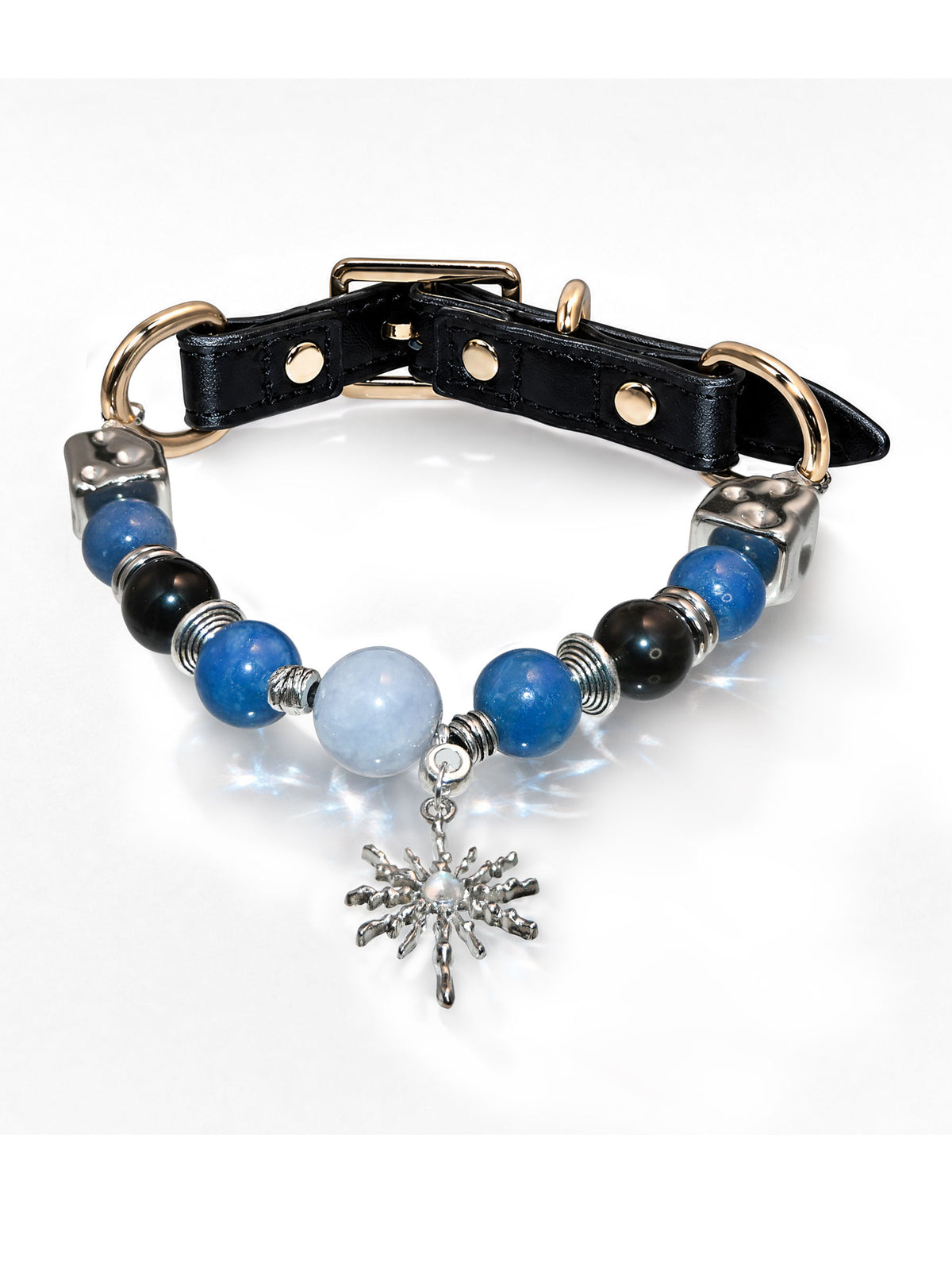 SoulBond Sweet Crystal Cat Collar with blue and black beads, a black strap and a silver-tone starburst charm