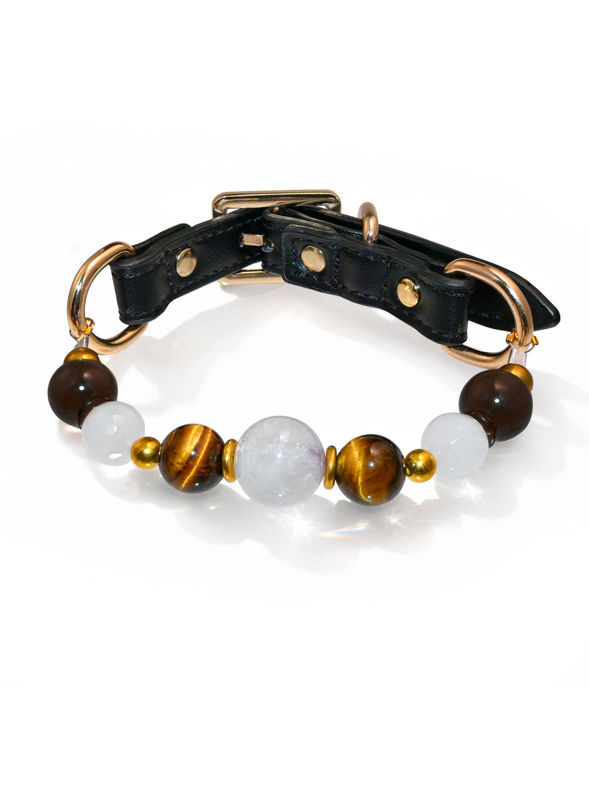 SoulBond Old Money Crystal Beaded Cat Collar with white and brown beads, a black strap and gold-tone hardware