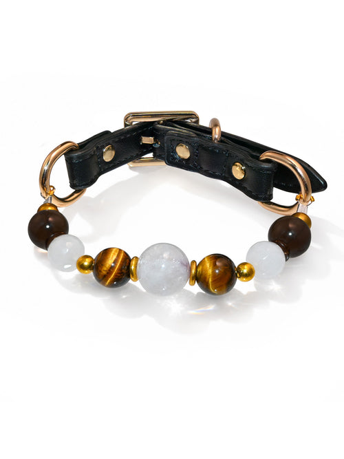 SoulBond Old Money Crystal Beaded Cat Collar with white and brown beads, a black strap and gold-tone hardware