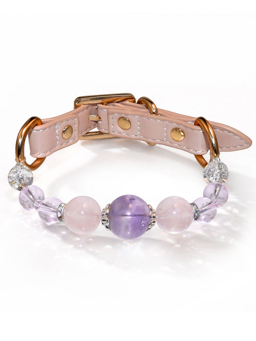 SoulBond Crystal Charm Pet Collar with pink and purple beads, a pink strap and gold-tone buckle