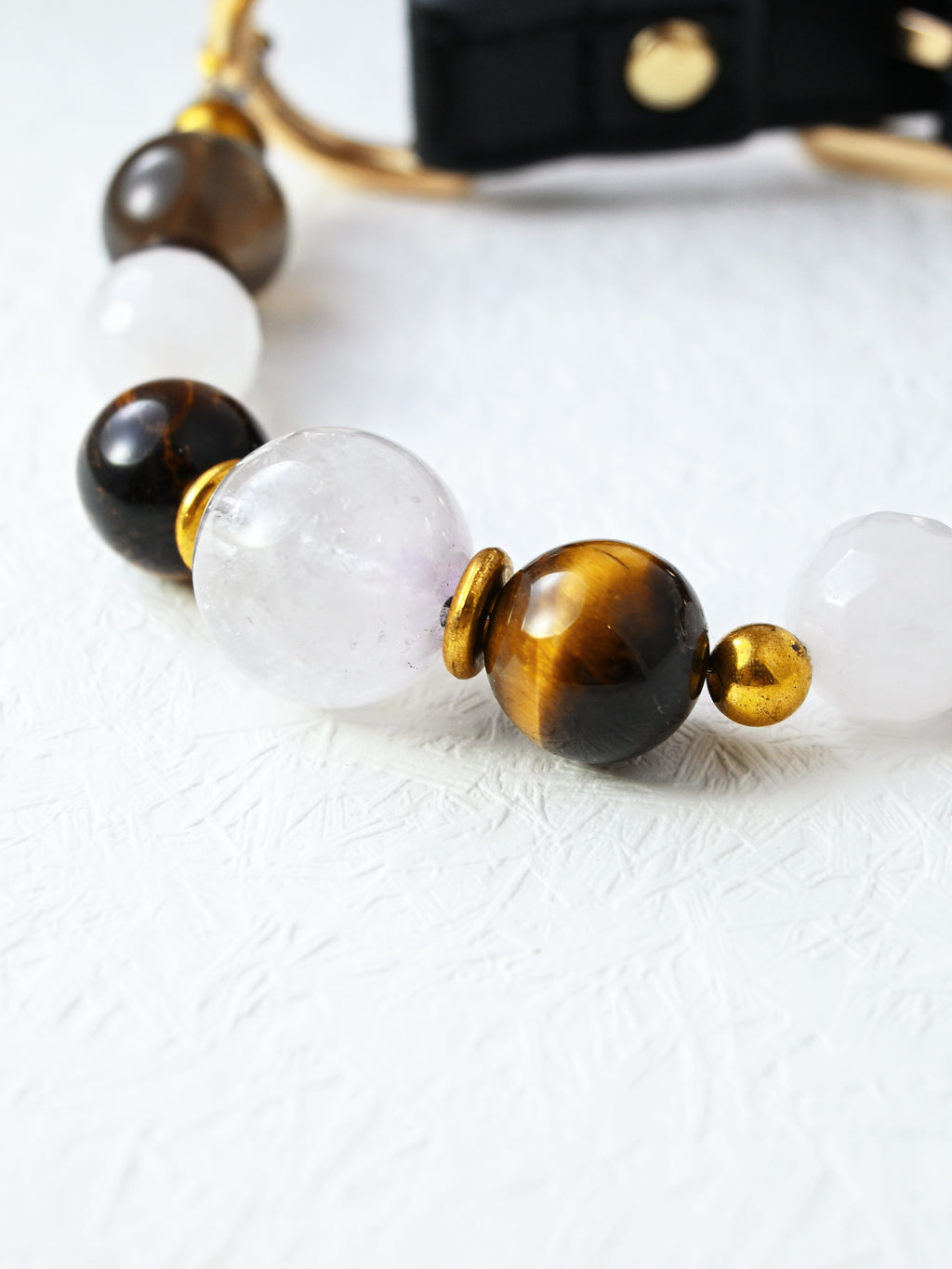 SoulBond Old Money Crystal Beaded Cat Collar close-up of white and golden-brown striped beads with gold-tone spacers