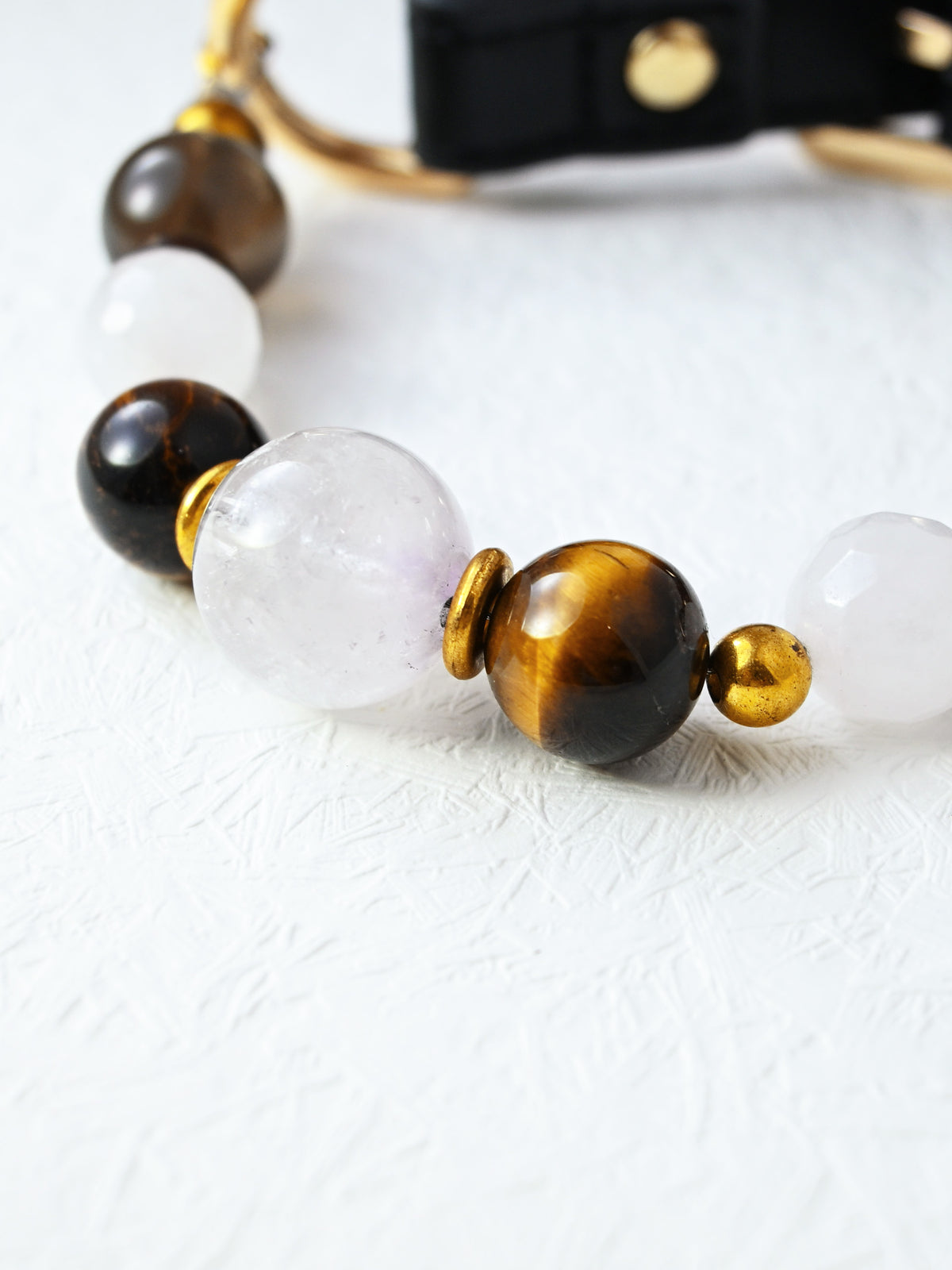 SoulBond Old Money Crystal Beaded Cat Collar close-up of white and golden-brown striped beads with gold-tone spacers