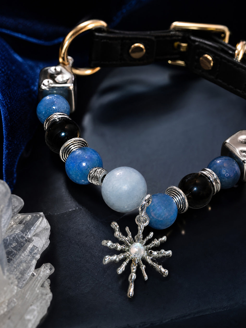 SoulBond Sweet Crystal Cat Collar close-up of blue and black beads, silver-tone spacers and a starburst pendant
