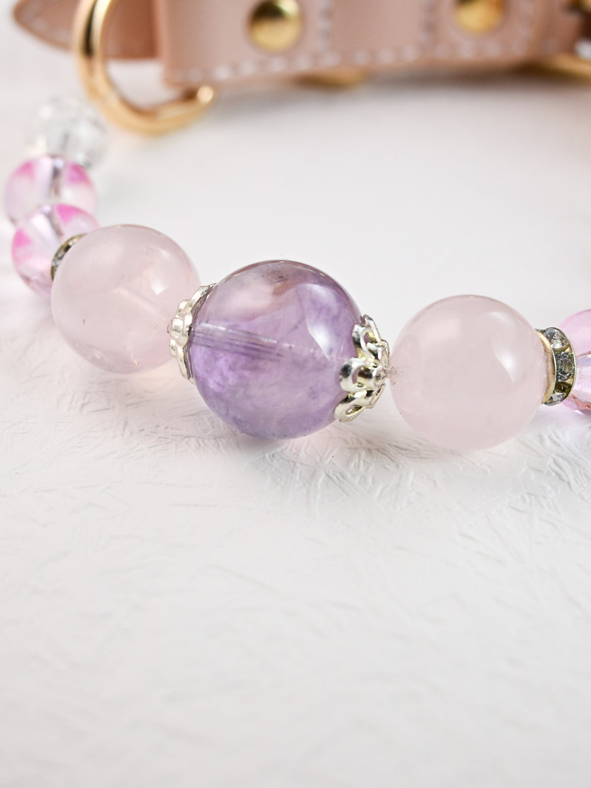 SoulBond Crystal Charm Pet Collar close-up of purple and pale pink round beads with silver-tone spacers