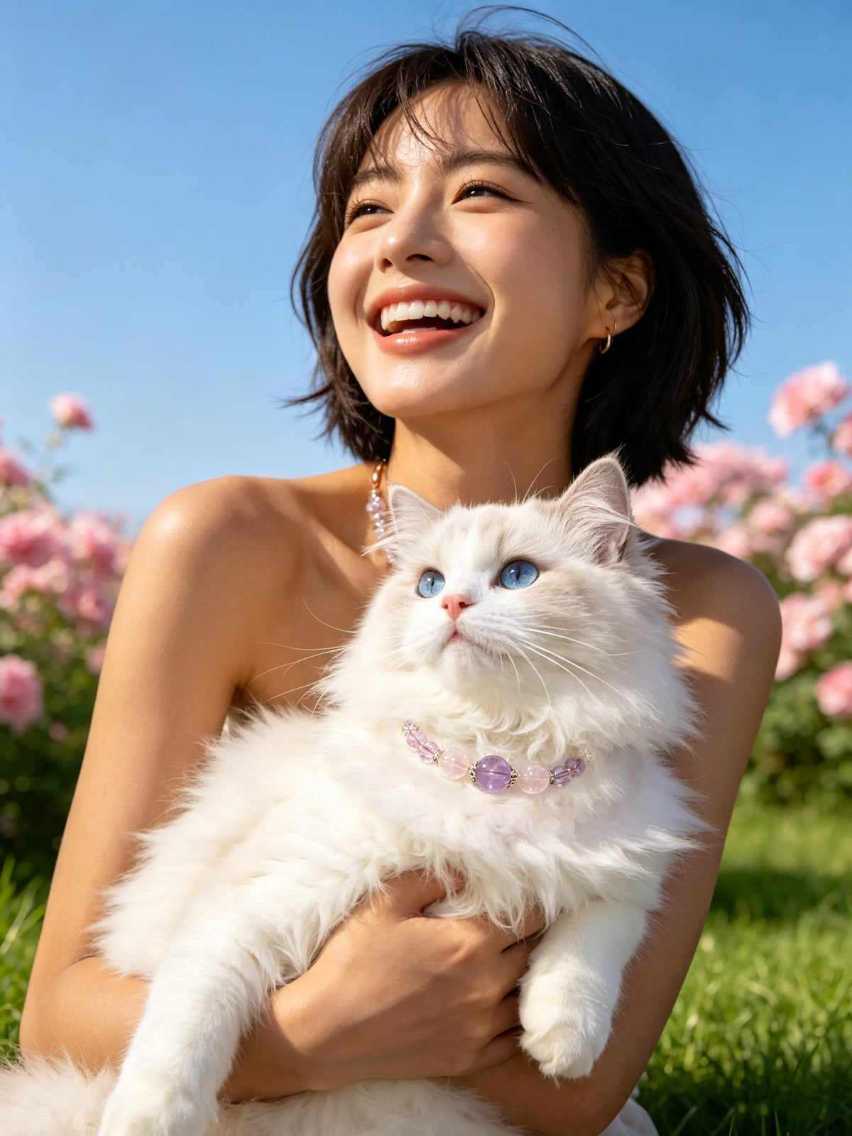 White cat wearing a SoulBond Crystal Charm Pet Collar with pink and purple beads, held by a woman outdoors