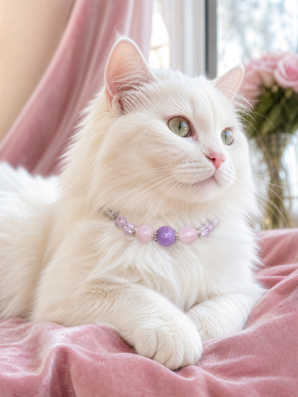 White long-haired cat wearing a SoulBond Crystal Charm Pet Collar with pink and purple beads by a window