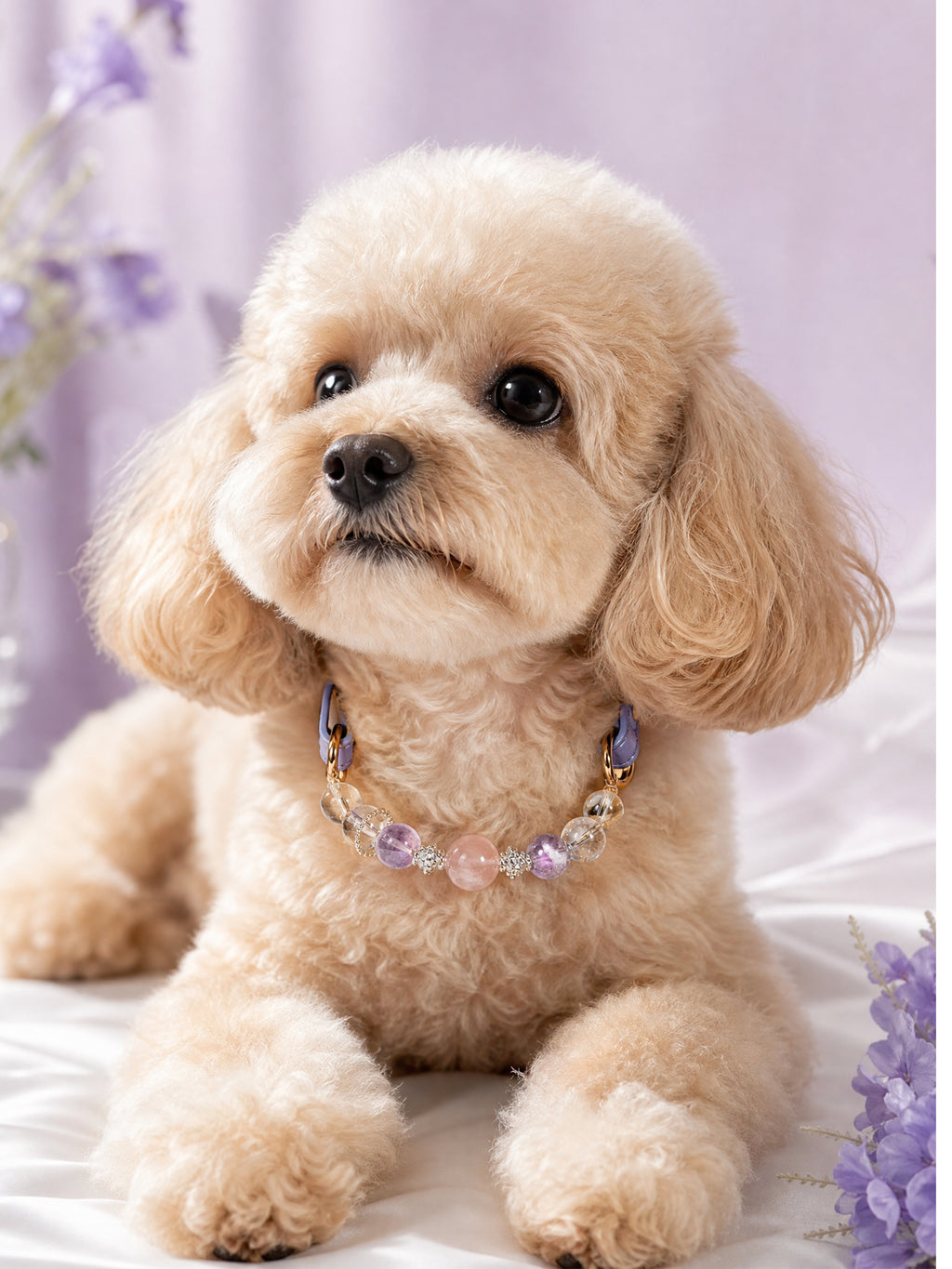 Small curly-haired tan dog wearing a SoulBond Princess Crystal Cat Collar on white bedding beside purple flowers