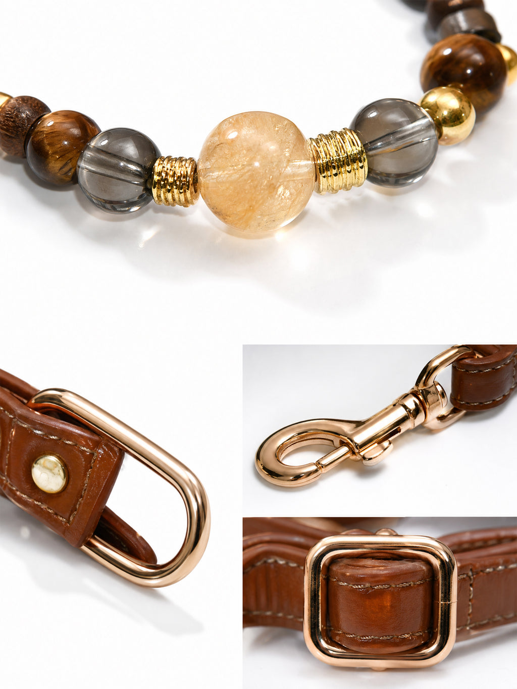 SoulBond Crystal Beaded Pet Collar detail collage showing translucent beads, brown strap stitching and gold-tone rings, clip and buckle