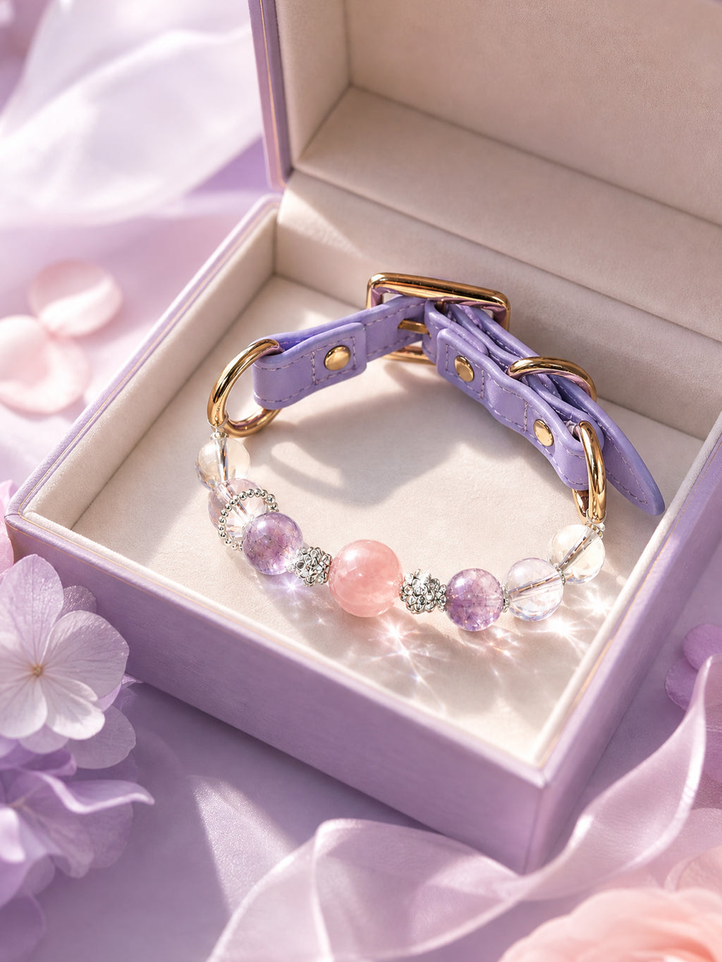 SoulBond Princess Crystal Cat Collar displayed inside an open lavender gift box beside purple flowers and ribbon