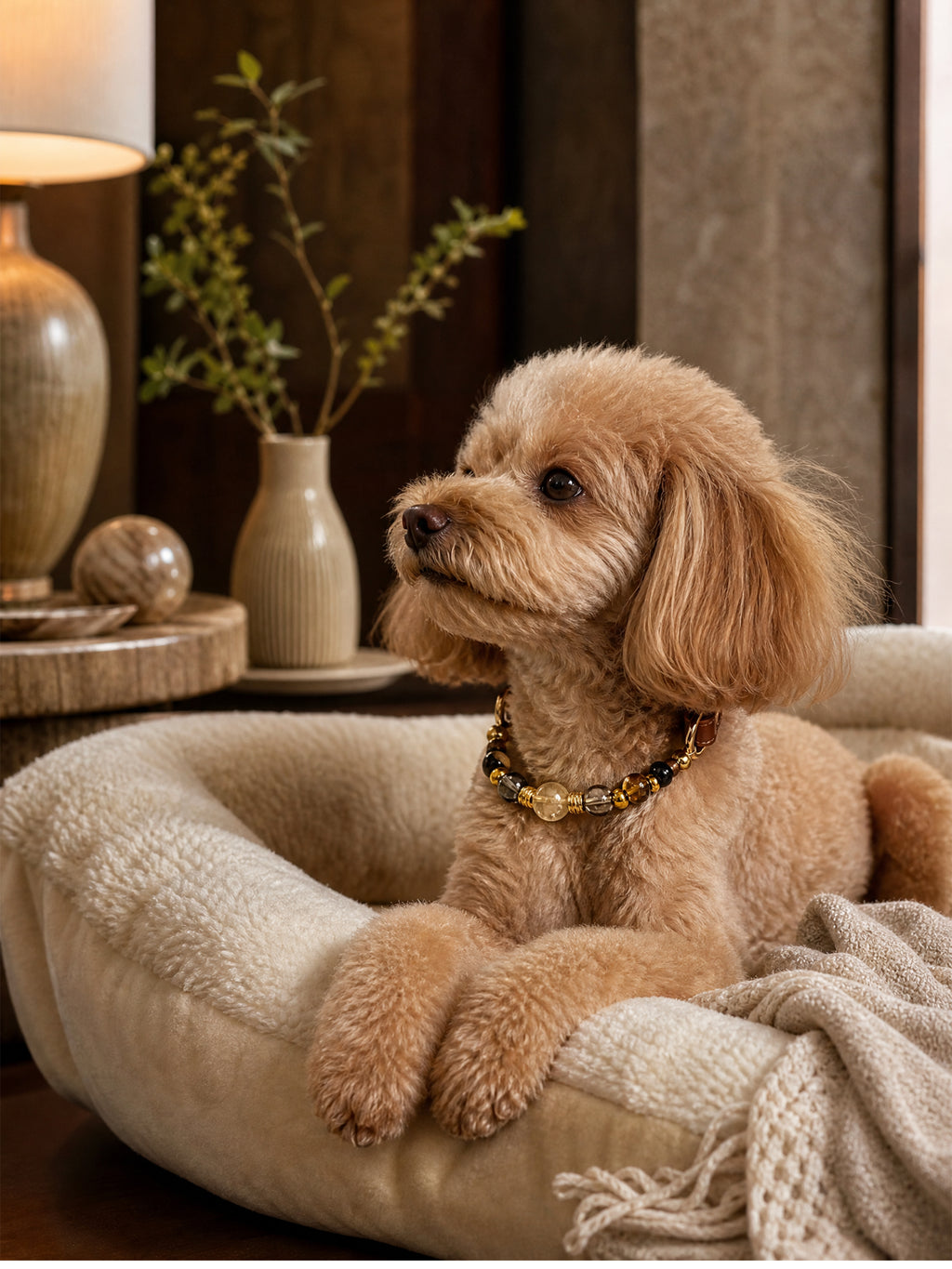 Small curly-haired tan dog wearing a SoulBond Crystal Beaded Pet Collar while resting in a cream pet bed