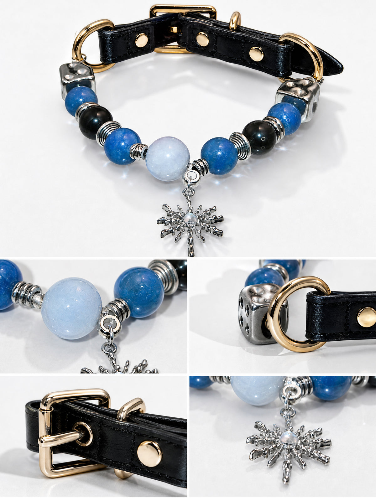 SoulBond Sweet Crystal Cat Collar collage showing blue beads, silver-tone dice beads, a gold-tone buckle and starburst charm