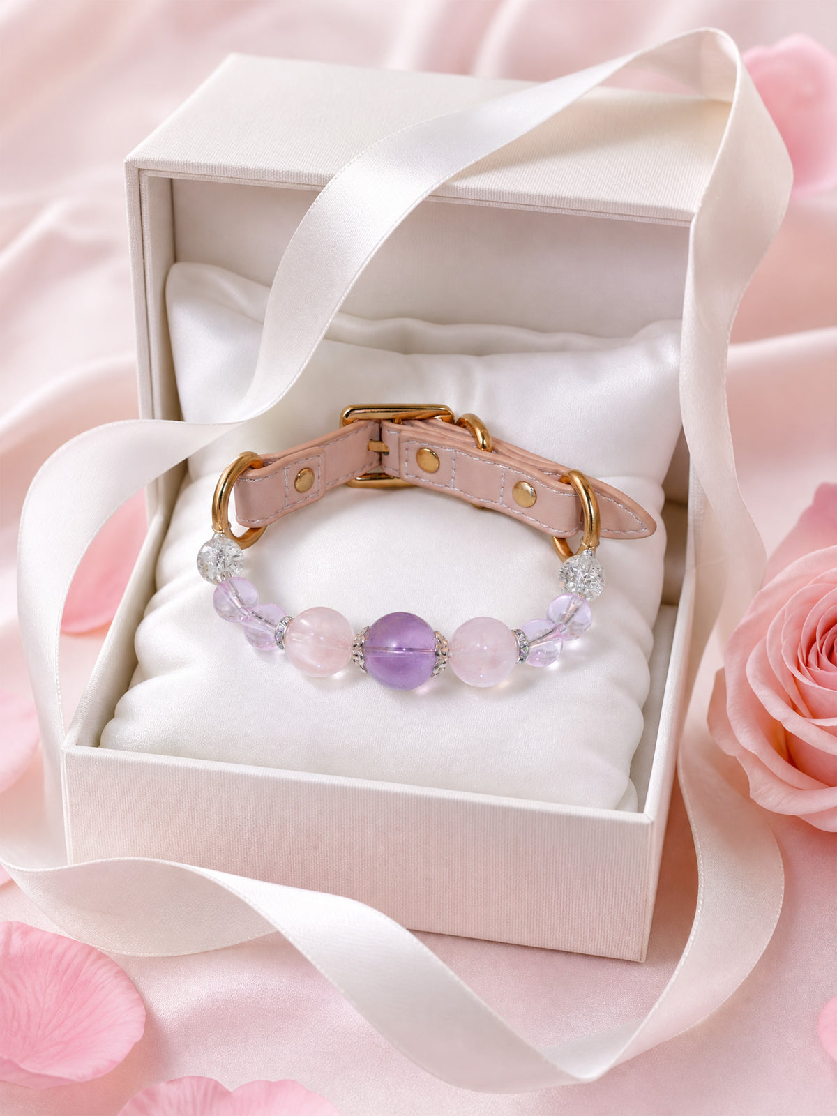 SoulBond Crystal Charm Pet Collar displayed in an open white gift box with a white ribbon