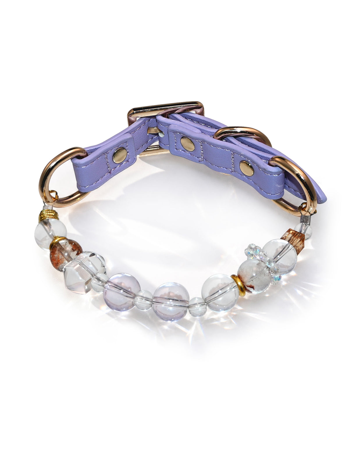 SoulBond White Crystal Cat Collar with a lavender strap, clear and pale purple beads and gold-tone hardware