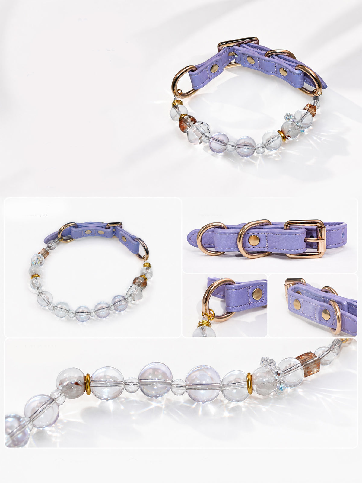 SoulBond White Crystal Cat Collar collage showing the beaded front, lavender strap, stitching and gold-tone buckle and rings